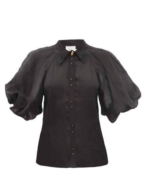 Aje - Palms Puffed-sleeve Silk-blend Shirt - Womens - Black
