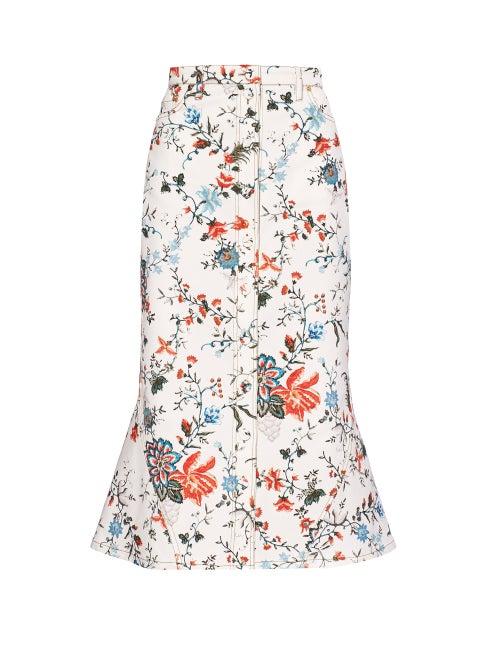 Matchesfashion.com Erdem - Victorine Flared Floral-print Denim Skirt - Womens - White Multi