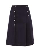 Matchesfashion.com Chlo - Buttoned Front Slit Wool Blend Skirt - Womens - Navy