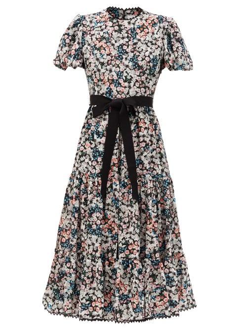 Matchesfashion.com Erdem - Ginerva Meadow Park-print Belted Silk Midi Dress - Womens - Black Print