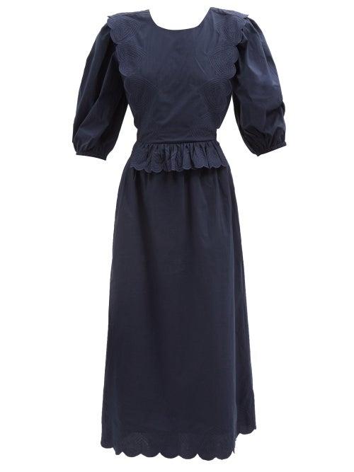 Sea - Heidi Heart-embroidered Cotton Midi Dress - Womens - Navy