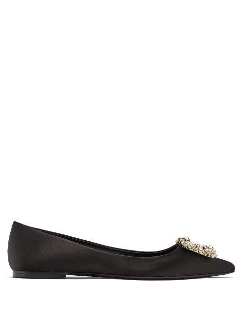 Matchesfashion.com Roger Vivier - Crystal-buckle Pointed Satin Flats - Womens - Black