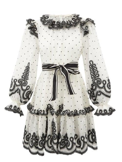 Matchesfashion.com Zimmermann - Embroidered Polka-dot Ruffled Voile Mini Dress - Womens - White Black