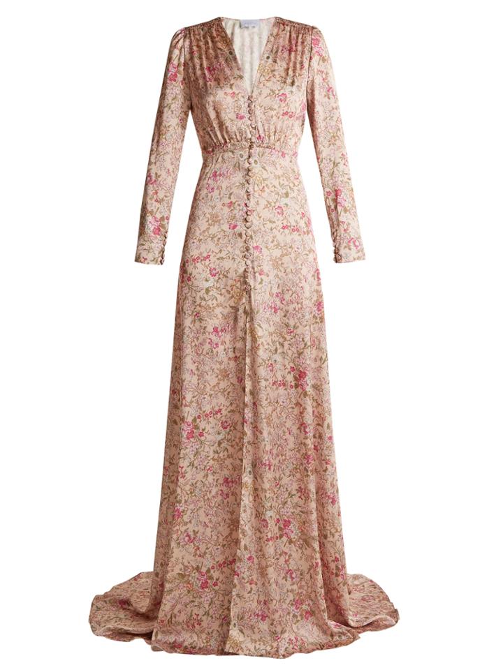 Luisa Beccaria Floral-print V-neck Satin Gown