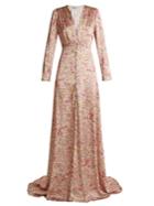 Luisa Beccaria Floral-print V-neck Satin Gown