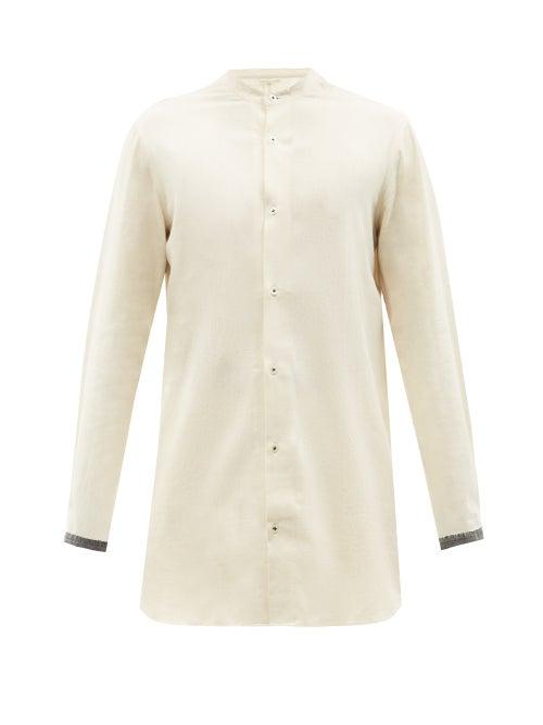 Harago - Band-collar Cotton-khadi Longline Shirt - Mens - Cream