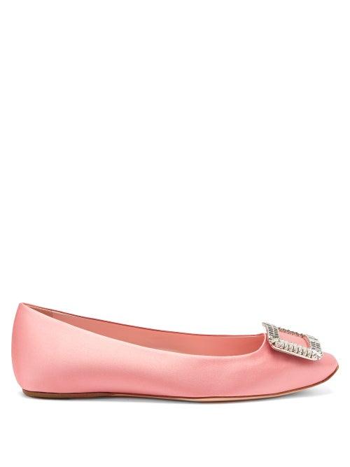 Matchesfashion.com Roger Vivier - Trompette Crystal-buckle Satin Ballerina Flats - Womens - Pink