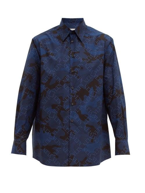 Matchesfashion.com Valentino - Vltn Camouflage Print Cotton Shirt - Mens - Navy Multi