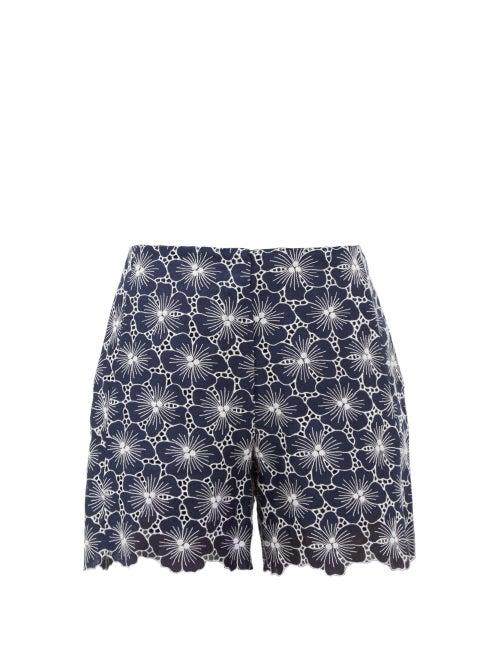 Matchesfashion.com Zeus + Dione - Tegea Floral-embroidered Linen Shorts - Womens - Navy