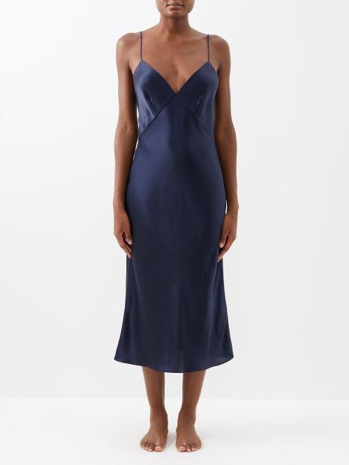Olivia Von Halle - Issa V-neck Silk-satin Slip Dress - Womens - Navy