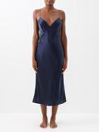 Olivia Von Halle - Issa V-neck Silk-satin Slip Dress - Womens - Navy