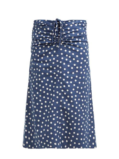Matchesfashion.com A.p.c. - Keira Ruched Polka Dot Cotton Blend Midi Skirt - Womens - Navy White
