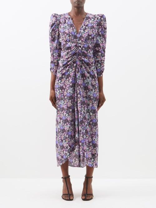 Isabel Marant - Albini Floral-print Ruched Silk-blend Dress - Womens - Purple Multi