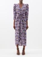 Isabel Marant - Albini Floral-print Ruched Silk-blend Dress - Womens - Purple Multi