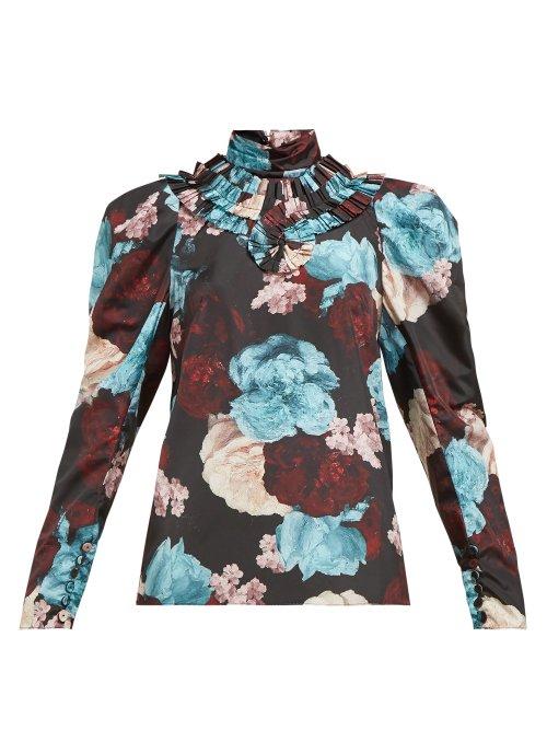 Matchesfashion.com Erdem - Lilia Floral Print Taffeta Blouse - Womens - Blue Multi