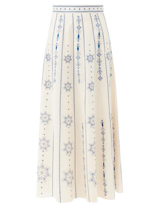 Matchesfashion.com Le Sirenuse, Positano - Camille Palazzina Embroidered Cotton-voile Skirt - Womens - Cream Multi