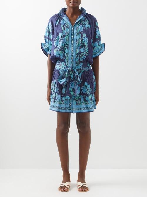 Juliet Dunn - Floral-print Cotton Mini Dress - Womens - Blue Multi