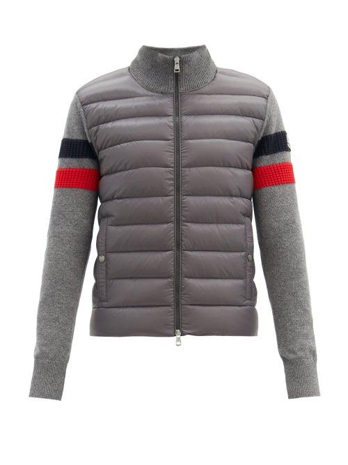 Matchesfashion.com Moncler - Striped Knit-sleeve Down-filled Zip-up Jacket - Mens - Grey