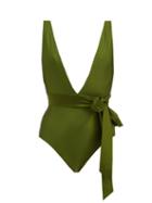 Matchesfashion.com Zimmermann - Empire Plunge-neck Bow-waist Swimsuit - Womens - Dark Green