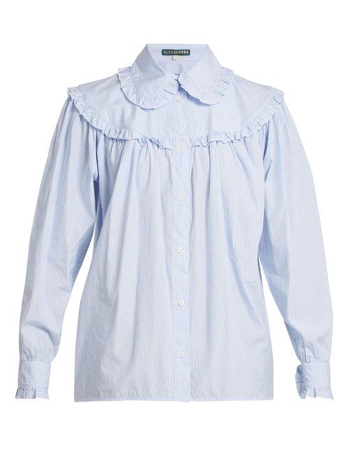 Matchesfashion.com Alexachung - Striped Frill Trimmed Cotton Shirt - Womens - Blue Stripe