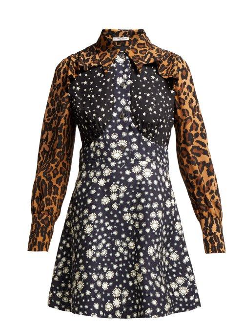 Matchesfashion.com Miu Miu - Leopard Print Contrast Panel Silk Dress - Womens - Navy Multi