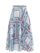 Matchesfashion.com Rodarte - Belted Floral-print Silk-twill Midi Skirt - Womens - Blue White