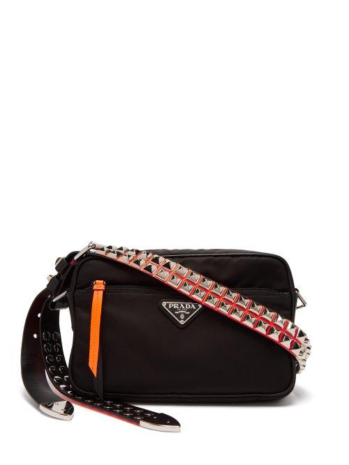 Matchesfashion.com Prada - Stud Embellished Nylon Cross Body Bag - Womens - Black Orange