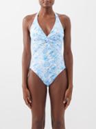 Melissa Odabash - Zanzibar Floral-print Halterneck Swimsuit - Womens - Blue White