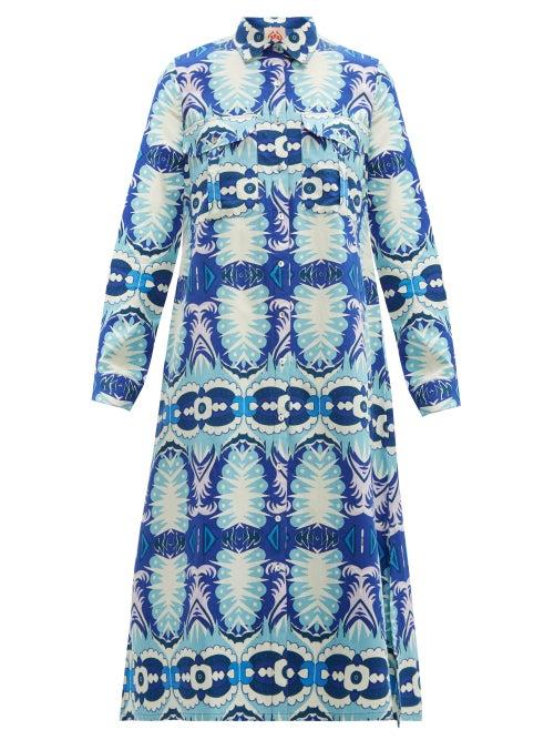 Matchesfashion.com Le Sirenuse, Positano - Elisa Print Cotton Poplin Midi Shirtdress - Womens - Blue Multi