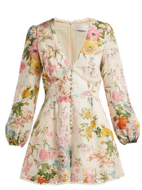 Matchesfashion.com Zimmermann - Heathers Floral Print Linen Playsuit - Womens - Pink Print