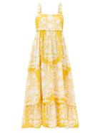 Juliet Dunn - Tie-back Printed Cotton Midi Dress - Womens - Yellow Print