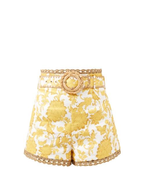 Zimmermann - Postcard Belted High-waist Cotton Shorts - Womens - Yellow Print