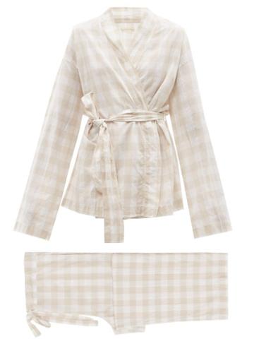 Ladies Lingerie General Sleep - Wrap Organic-cotton Gingham Pyjama Set - Womens - Beige White