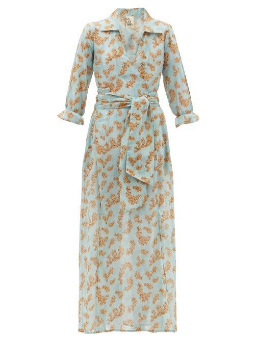 Ladies Lingerie Galanthya - Pauline Floral-print Belted Cotton-muslin Dress - Womens - Blue Print