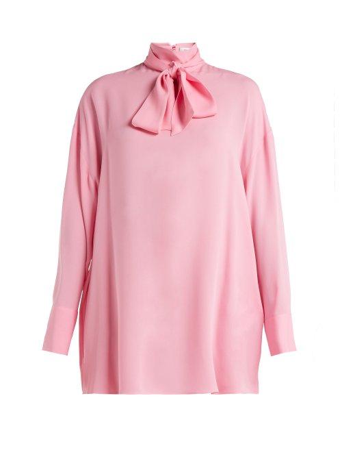 Matchesfashion.com Valentino - Pussy Bow Silk Crepe Blouse - Womens - Pink