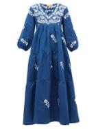 Matchesfashion.com Muzungu Sisters - Frangipani Floral-embroidered Cotton-blend Dress - Womens - Navy Multi