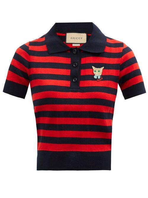 Gucci - Cat-appliqu Striped Cotton Polo Top - Womens - Red Multi