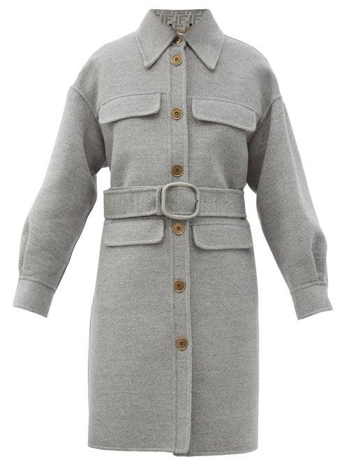 Matchesfashion.com Fendi - Single-breasted Logo-belt Felted-wool Coat - Womens - Light Grey