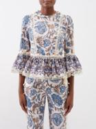 Zimmermann - Vitali Ruffled Floral-print Linen-voile Top - Womens - Blue Print