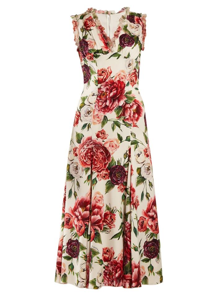 Dolce & Gabbana Peony And Rose-print Crepe De Chine Midi Dress