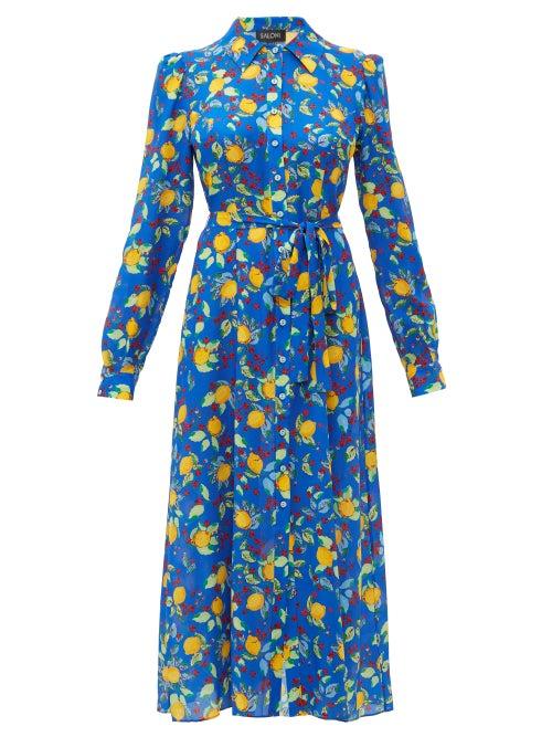 Matchesfashion.com Saloni - Vanessa Lemon Print Silk Midi Dress - Womens - Blue Multi