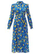 Matchesfashion.com Saloni - Vanessa Lemon Print Silk Midi Dress - Womens - Blue Multi