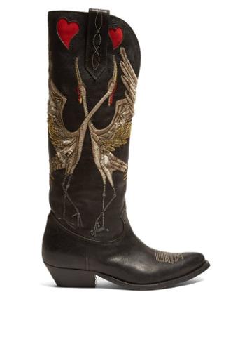 Matchesfashion.com Golden Goose - Wish Star Bird Embroidered Leather Boots - Womens - Black Multi