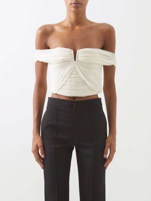 Self-portrait - Off-the-shoulder Pleated Chiffon Top - Womens - Cream