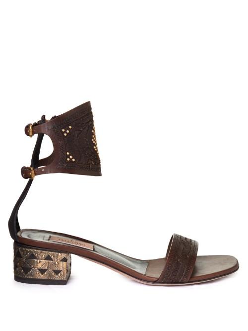 Valentino Laser-cut Leather Block-heel Sandals