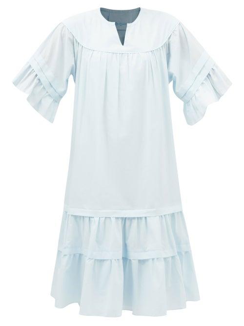Loup Charmant - Collo Ruffled Cotton-poplin Midi Dress - Womens - Light Blue