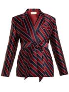 Matchesfashion.com Sara Battaglia - Striped Tie Waist Double Breasted Satin Blazer - Womens - Navy Multi