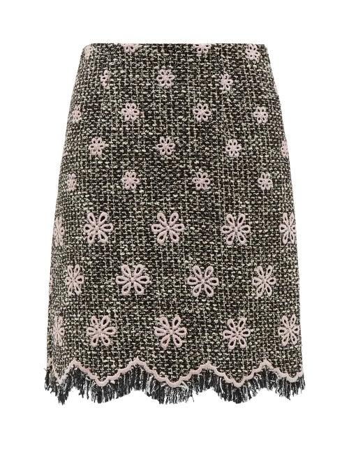 Matchesfashion.com Giambattista Valli - Floral Embroidered Cotton Blend Tweed Skirt - Womens - Black Multi