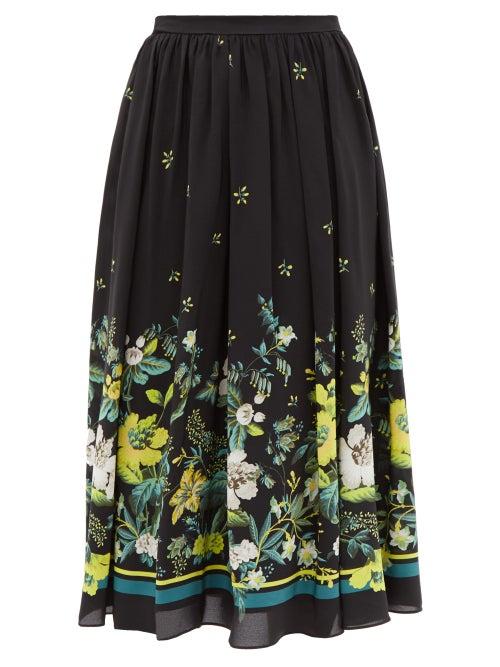 Matchesfashion.com Erdem - Lanie Ashcombe Forest-print Silk Midi Skirt - Womens - Black Yellow