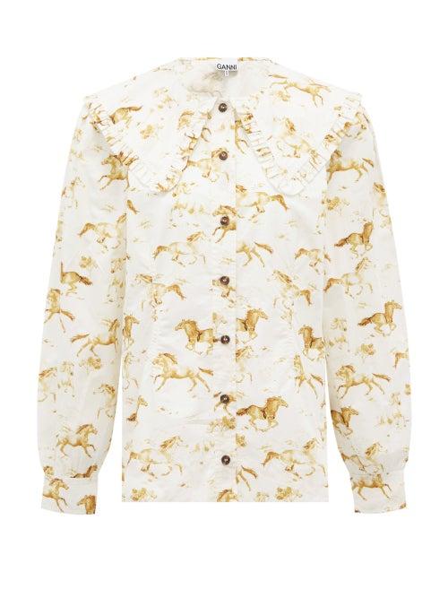 Matchesfashion.com Ganni - Horse-print Peter Pan-collar Poplin Shirt - Womens - White Multi